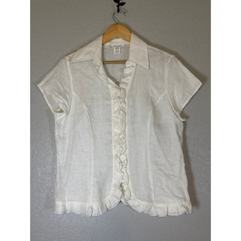 Vintage 100% Hanky Linen Blouse White Ruffled Button Up Size Medium Lightweight